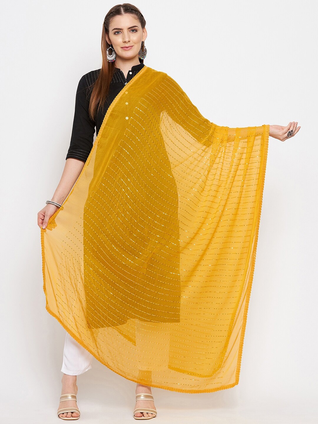 

Clora Creation Mustard & Gold-Toned Embroidered Dupatta with Sequinned