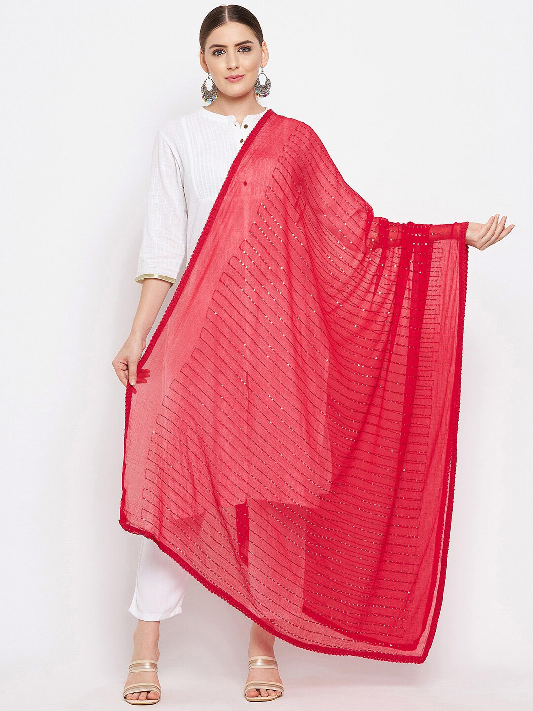 

Clora Creation Red Embroidered Dupatta with Sequinned