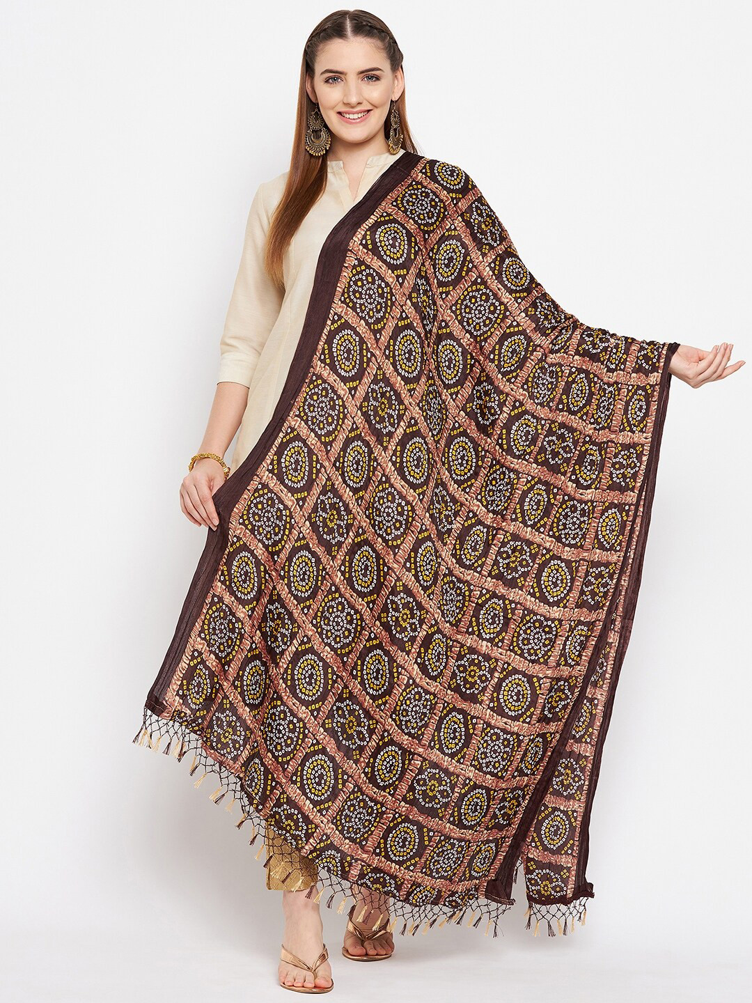 

Clora Creation Women Coffee Brown & White Printed Bandhani Dupatta