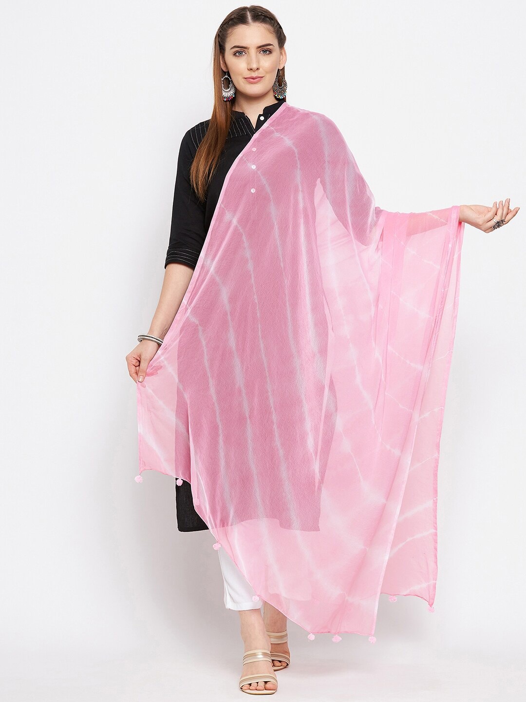 

Clora Creation Women Baby Pink & White Striped Leheriya Dupatta