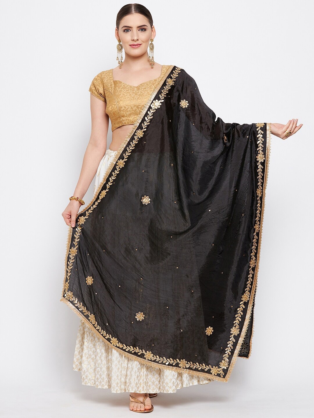 

Clora Creation Black & Gold-Toned Embroidered Dupatta With Beads And Stones