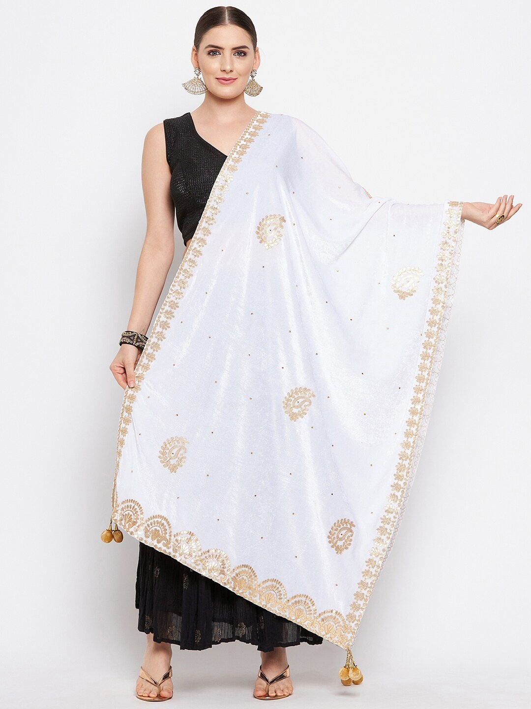 

Clora Creation Women White & Gold-Toned Embroidered Velvet Dupatta with Gotta Patti