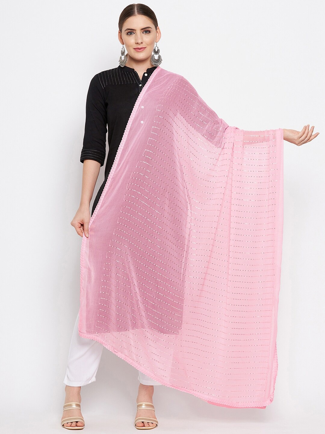 

Clora Creation Women Pink & Gold Embellished Poly Chiffon Dupatta with Sequinned