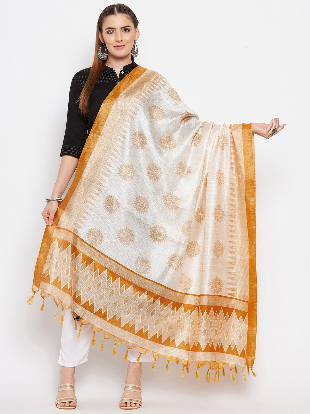 

Clora Creation Mustard & White Ethnic Motifs Printed Silk Blend Dupatta