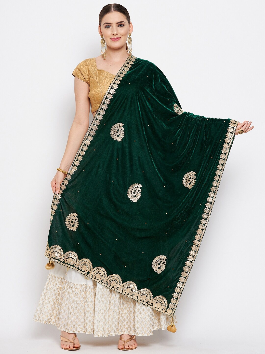 

Clora Creation Women Green & Gold-Toned Ethnic Motifs Velvet Dupatta With Gotta Patti