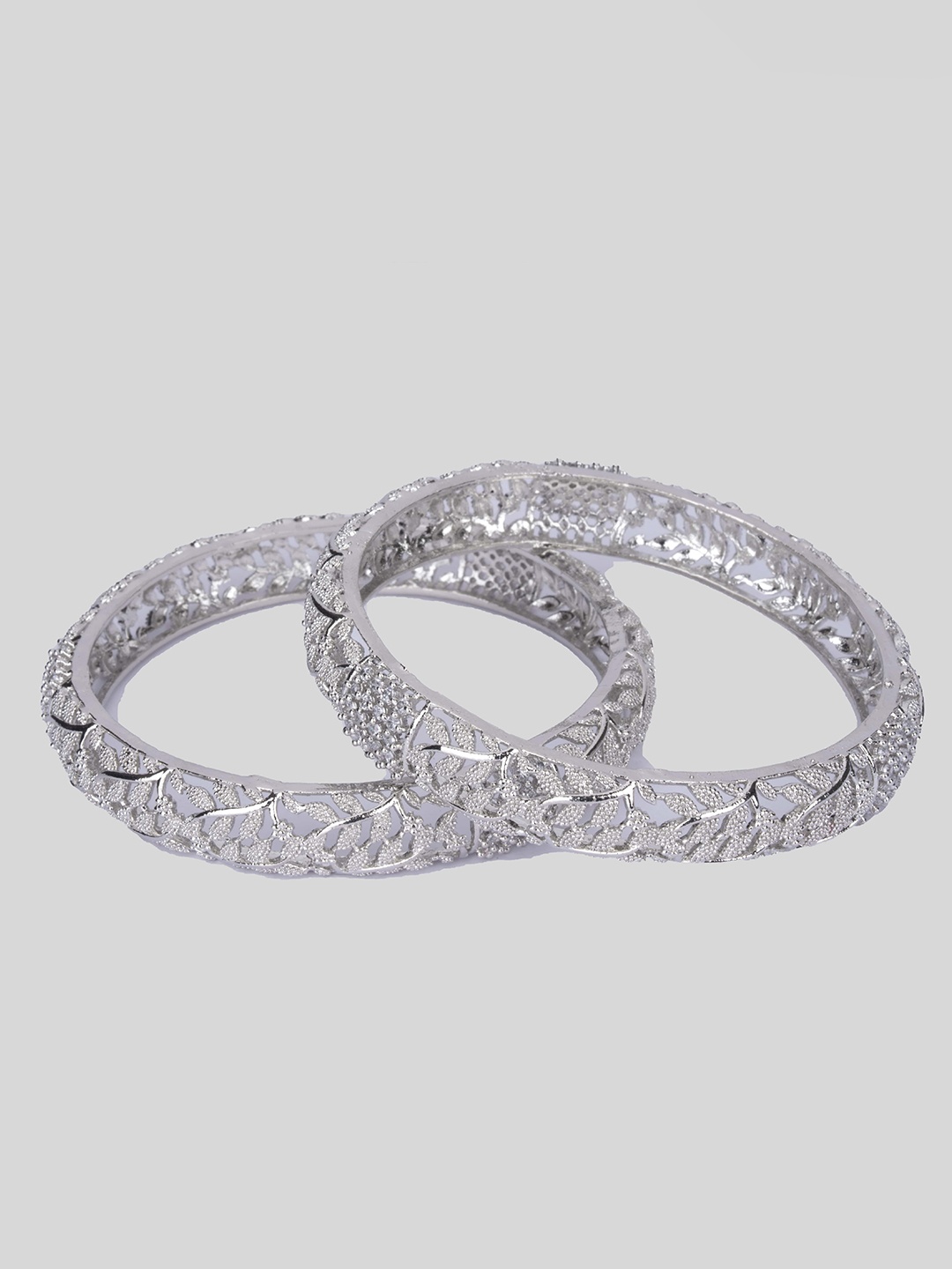 

Nathany Jewels Pack Of 2 Silver-Plated Silver-Toned White CZ/AD Studded Bangles