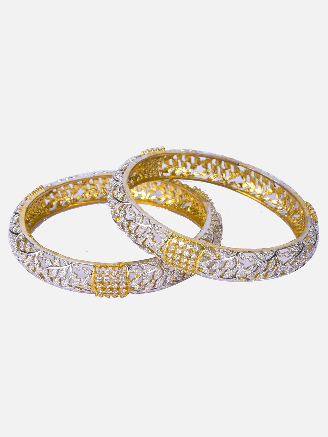

Nathany Jewels Pack Of 2 Gold-Plated Silver-Toned White CZ Stone-Studded Bangles