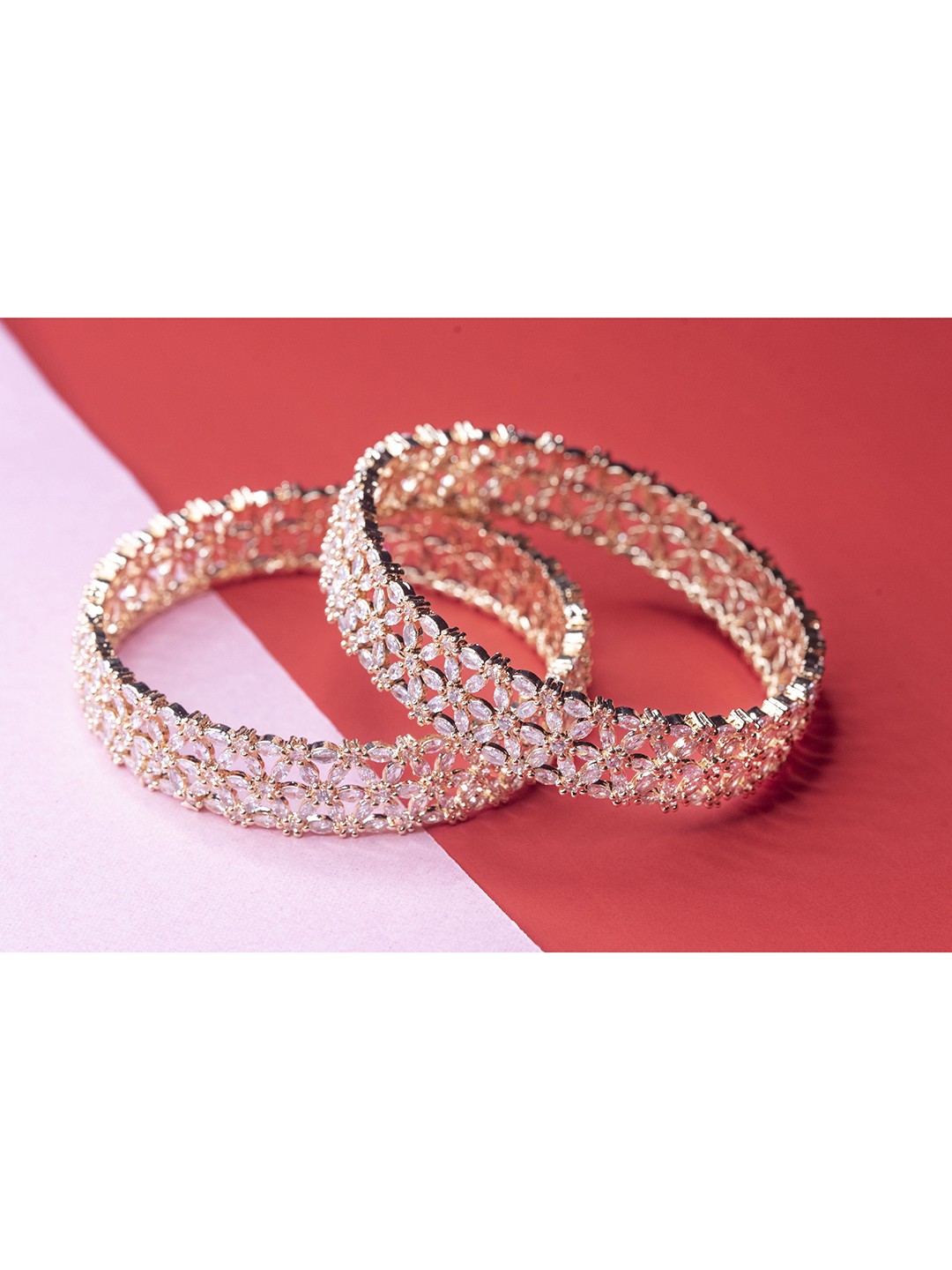 

Nathany Jewels Set Of 2 Rose Gold-Plated Rose Gold-Toned White CZ/AD Studded Bangles