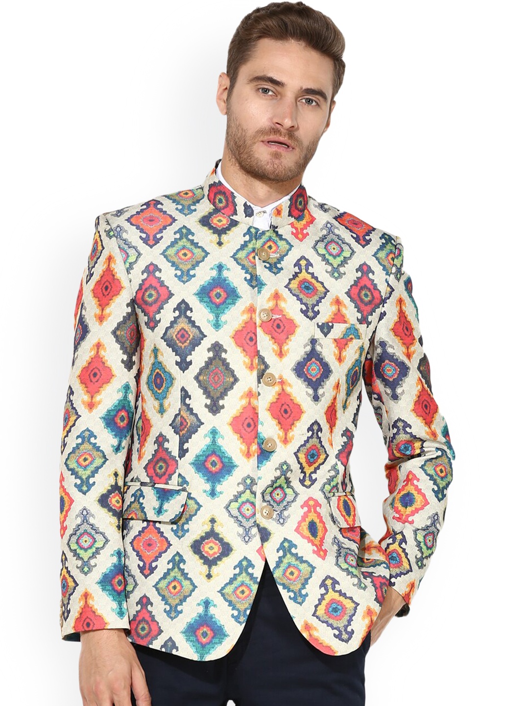 

Hangup Men White & Blue Printed Bandhgala Casual Blazer