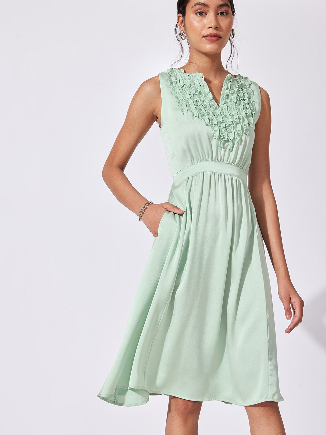 

The Label Life Mint Green Sleeveless Ruffled Dress, Sea green