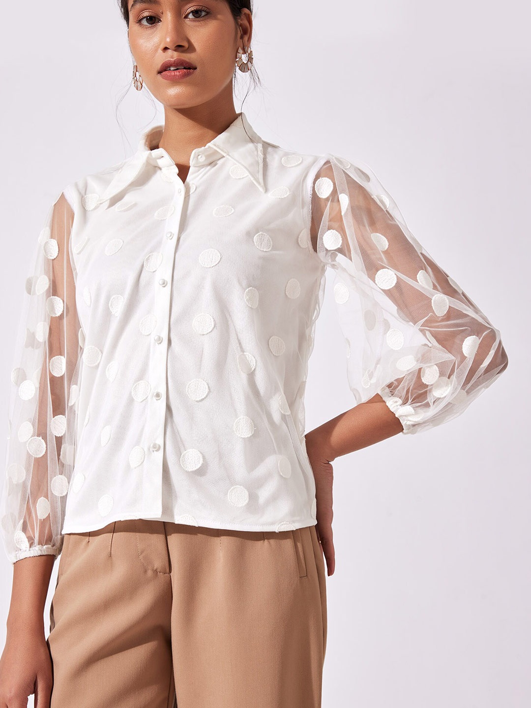 

The Label Life Women White Sheer Polka Shirt