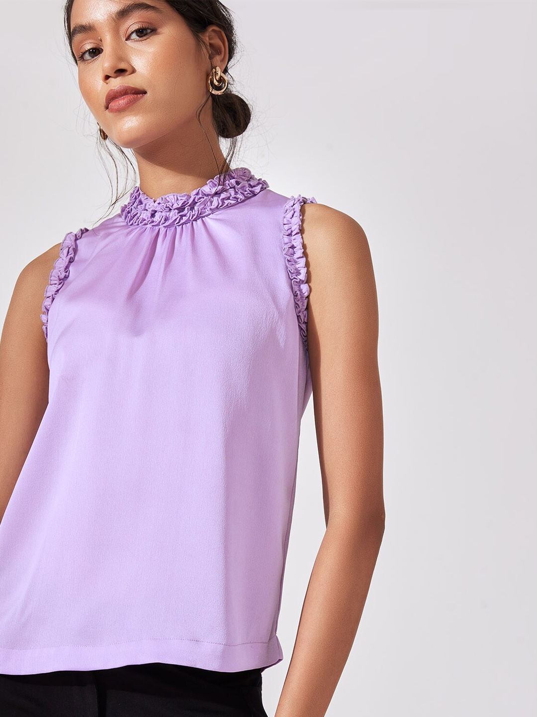 

The Label Life High Neck Ruffled Satin Top, Lavender