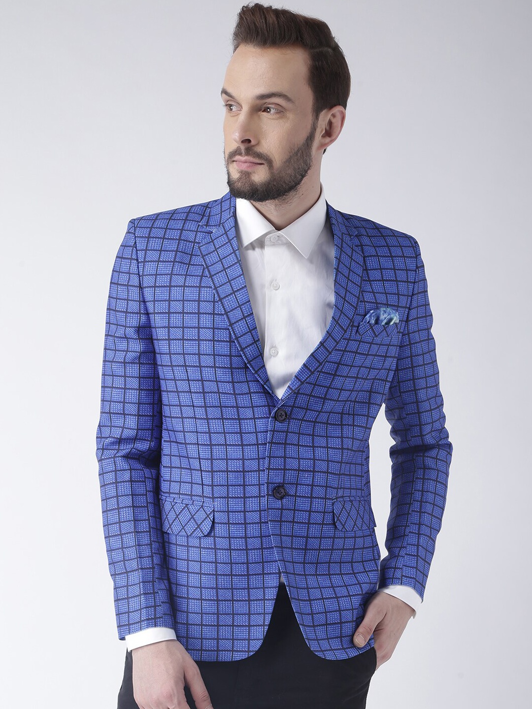 

Hangup Men Blue Checked Single-Breasted Formal Blazer