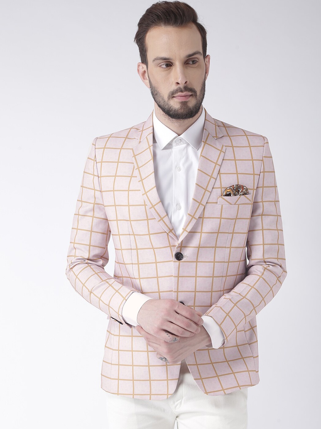 

Hangup Men Beige Checked Single-Breasted Formal Blazer