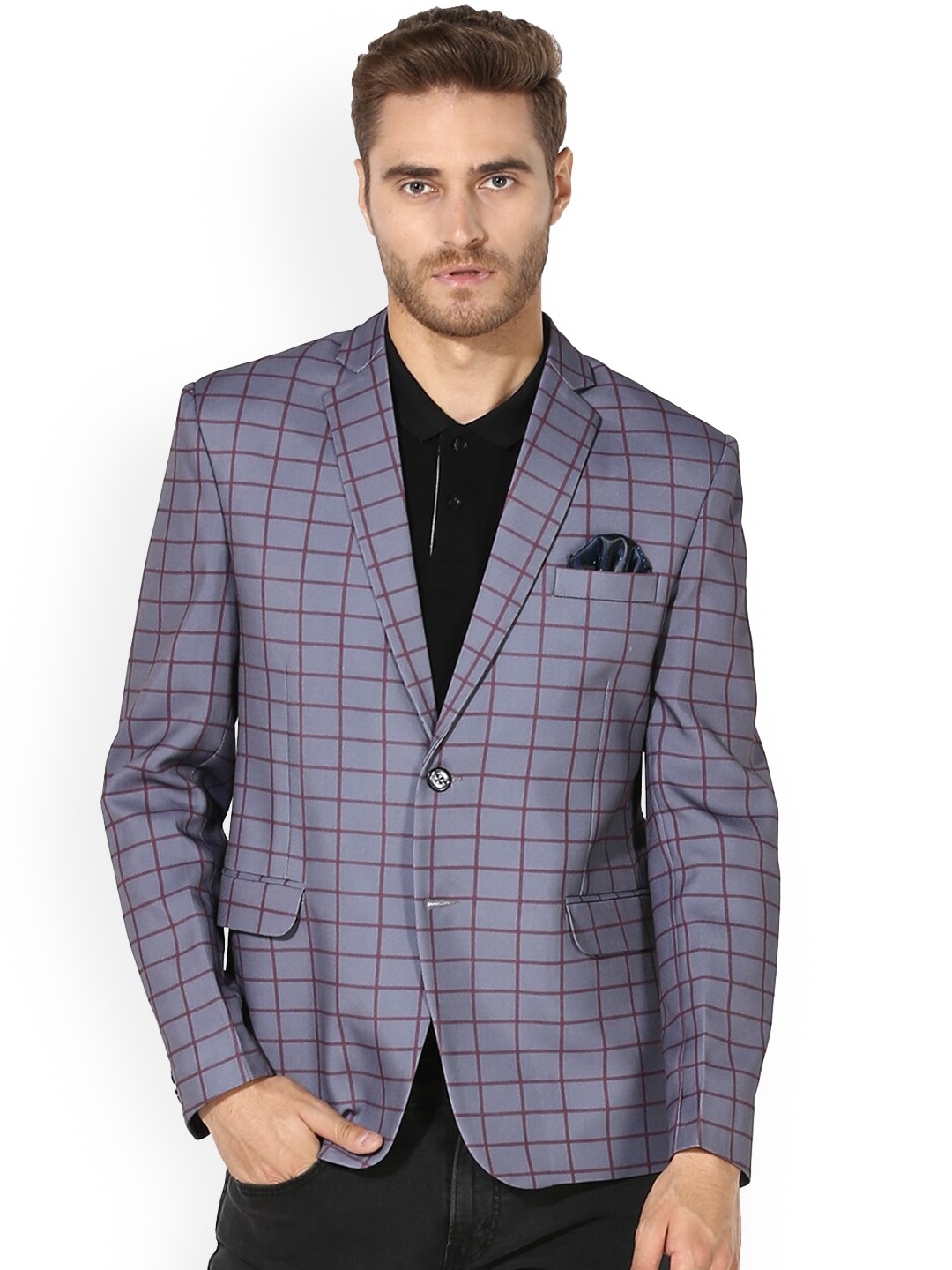 

Hangup Men Blue Checked Single-Breasted Linen Casual Blazers