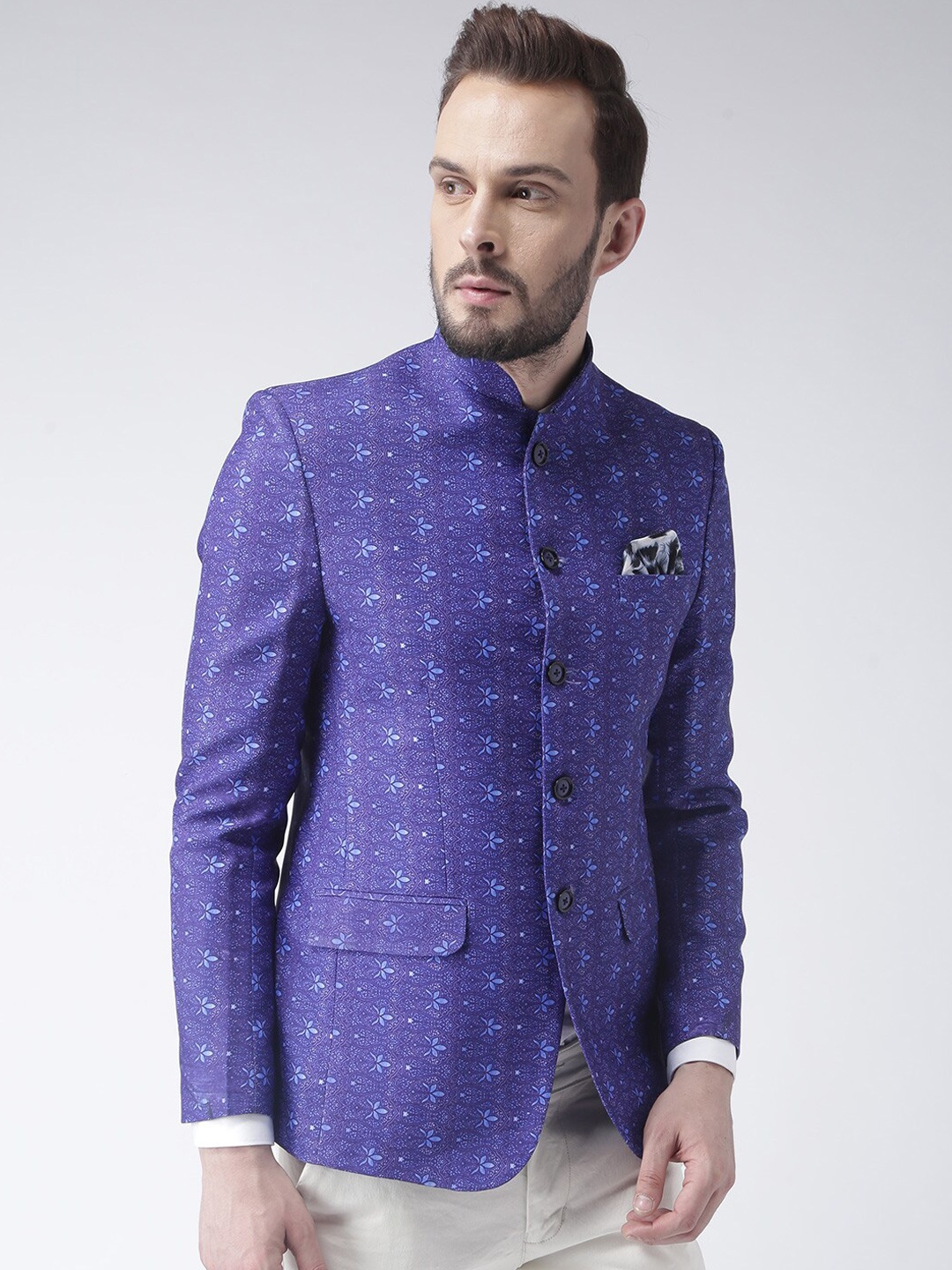 

Hangup Men Blue Printed Single Breasted Party Blazer