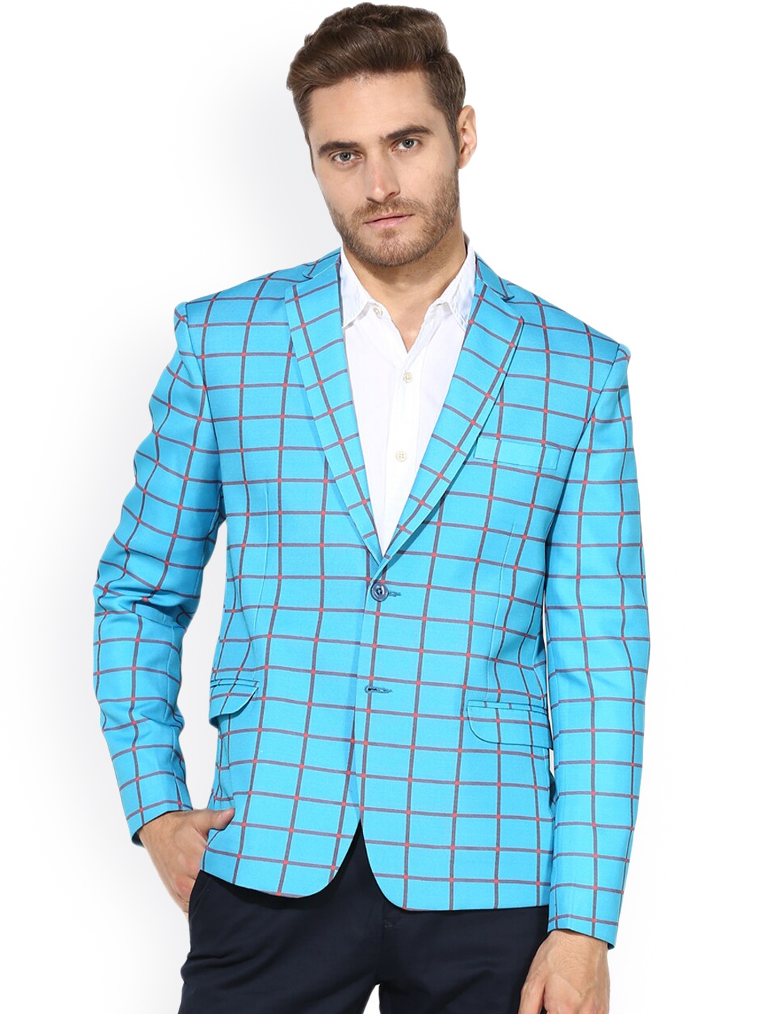 

Hangup Men Turquoise Blue Checked Single Breasted Blazer