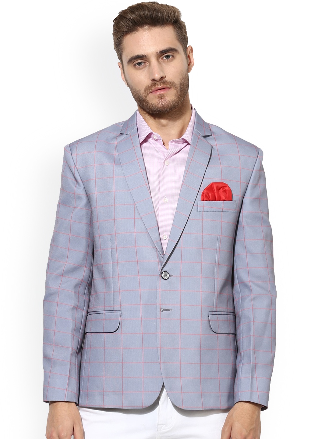 

Hangup Men Grey & Red Checked Single Breasted Blazers