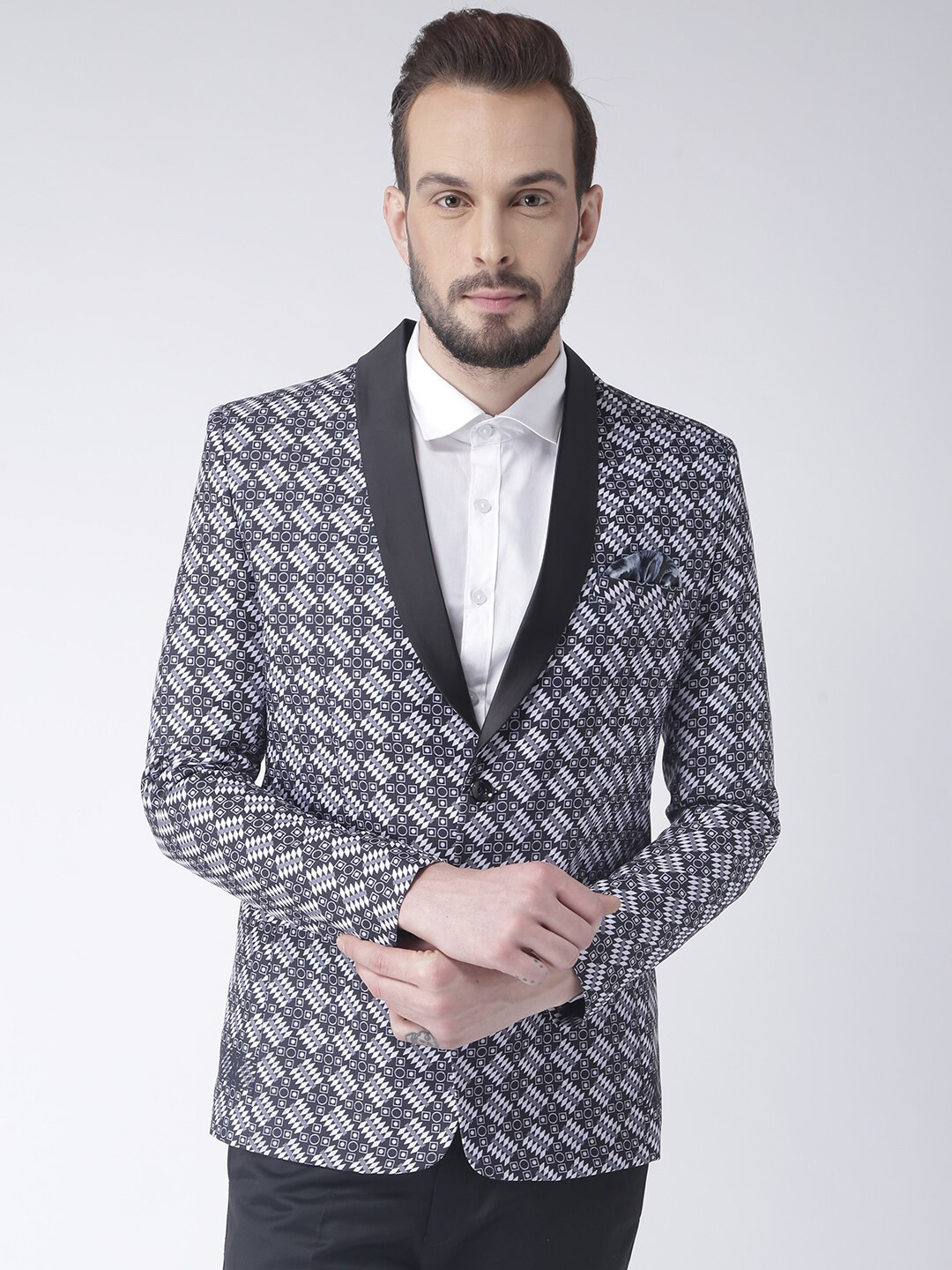 

Hangup Men White & Black Printed Shawl Collar Tuxedo Blazer