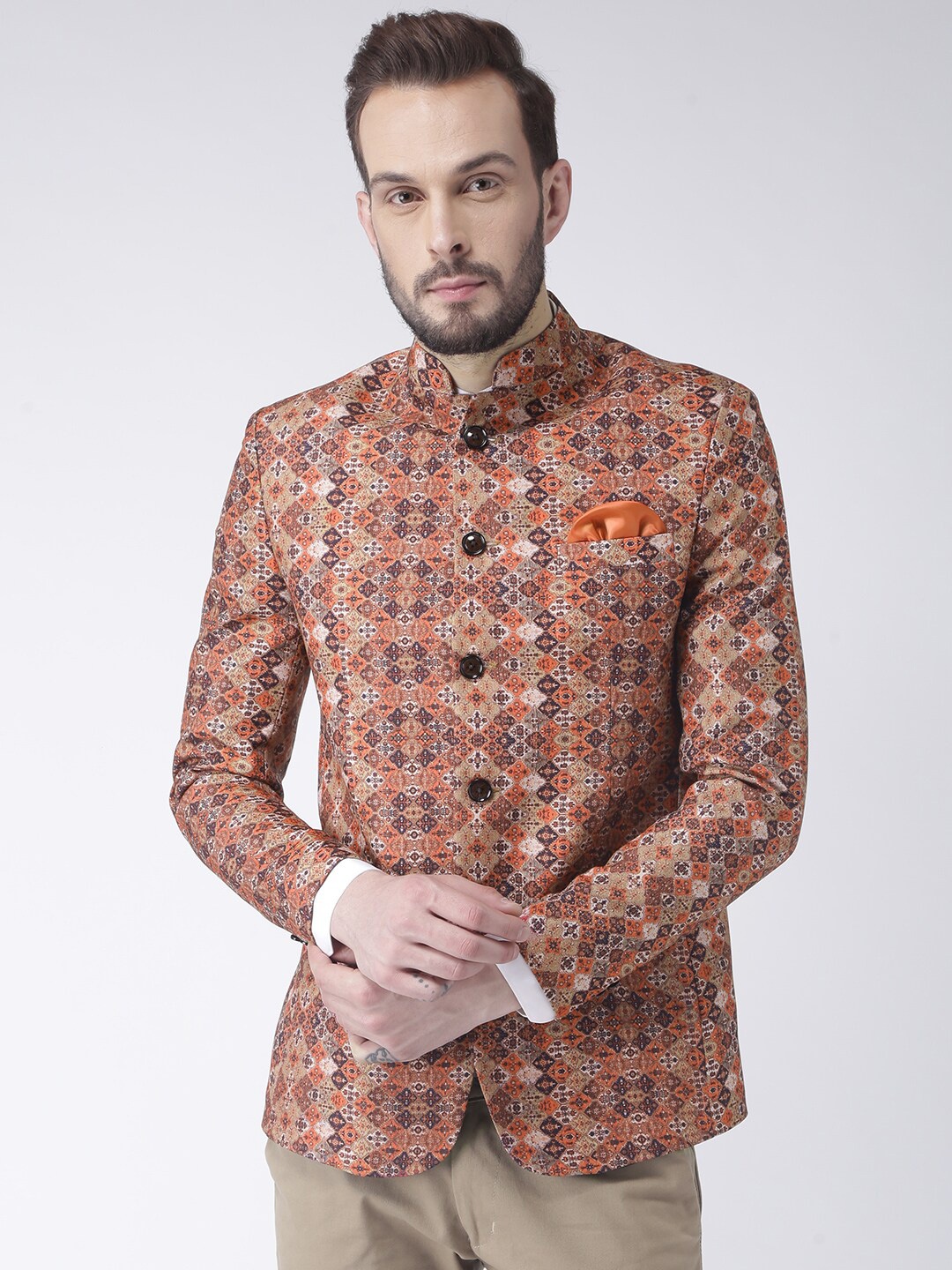 

Hangup Men Brown Self Design Single Breasted Blazers