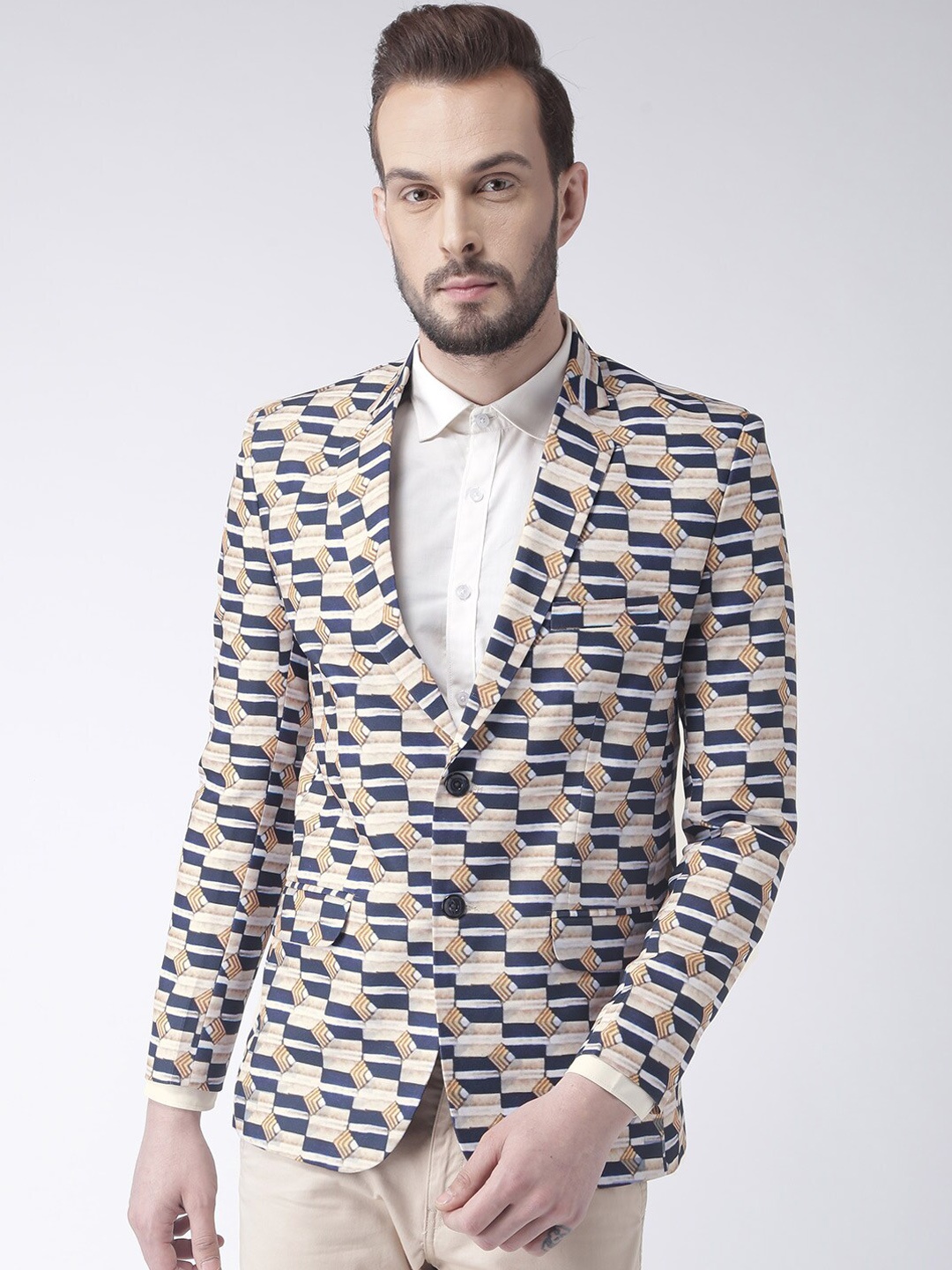 

Hangup Men Navy Blue & Brown Geometric Printed Single Breasted Blazer
