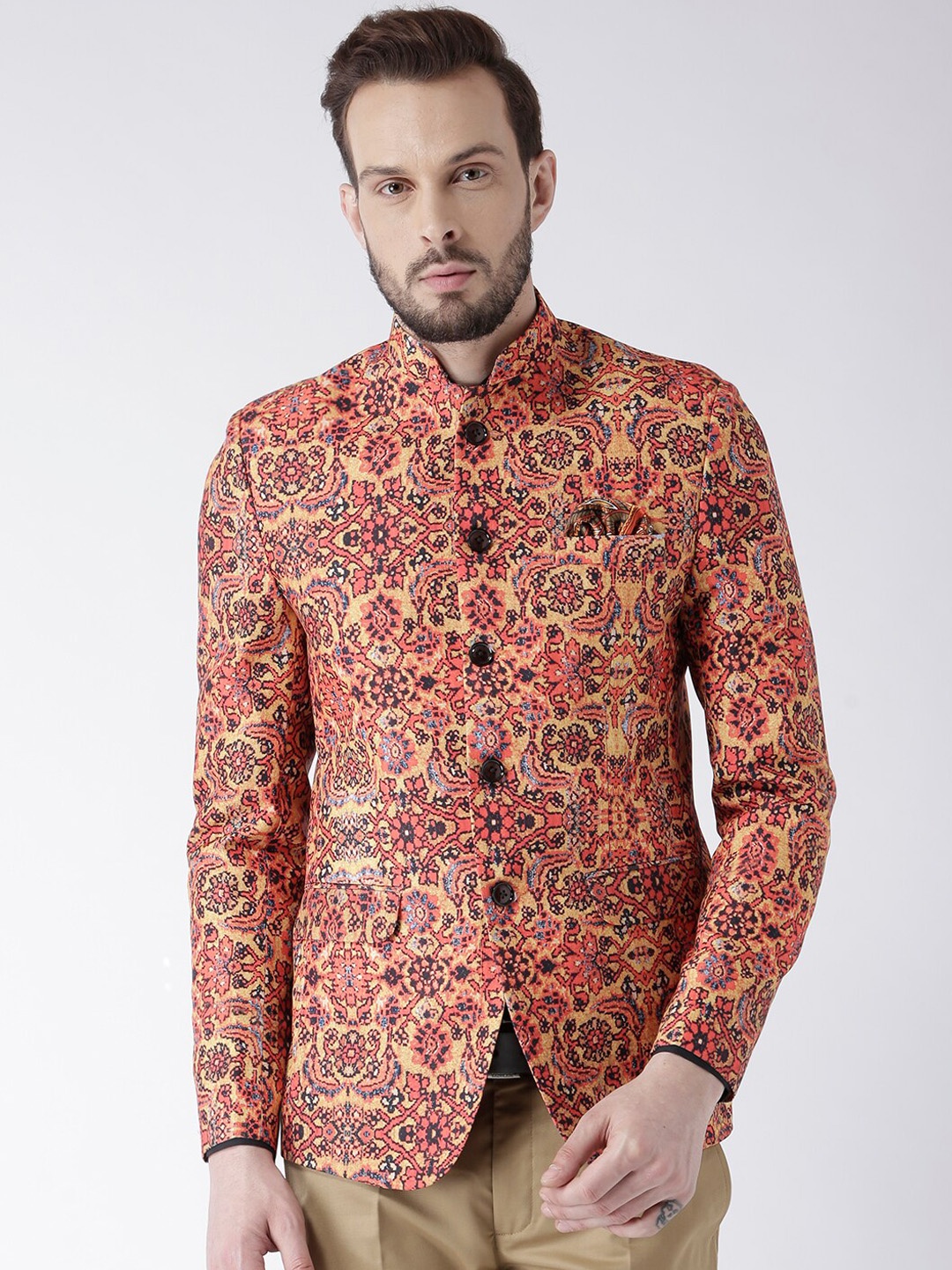 

Hangup Men Orange Printed Single Breasted Blazer