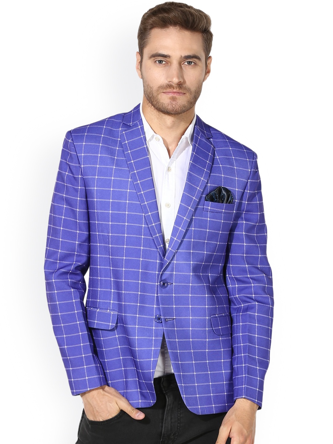 

Hangup Men Royal Blue Checkered Single-Breasted Formal Blazer