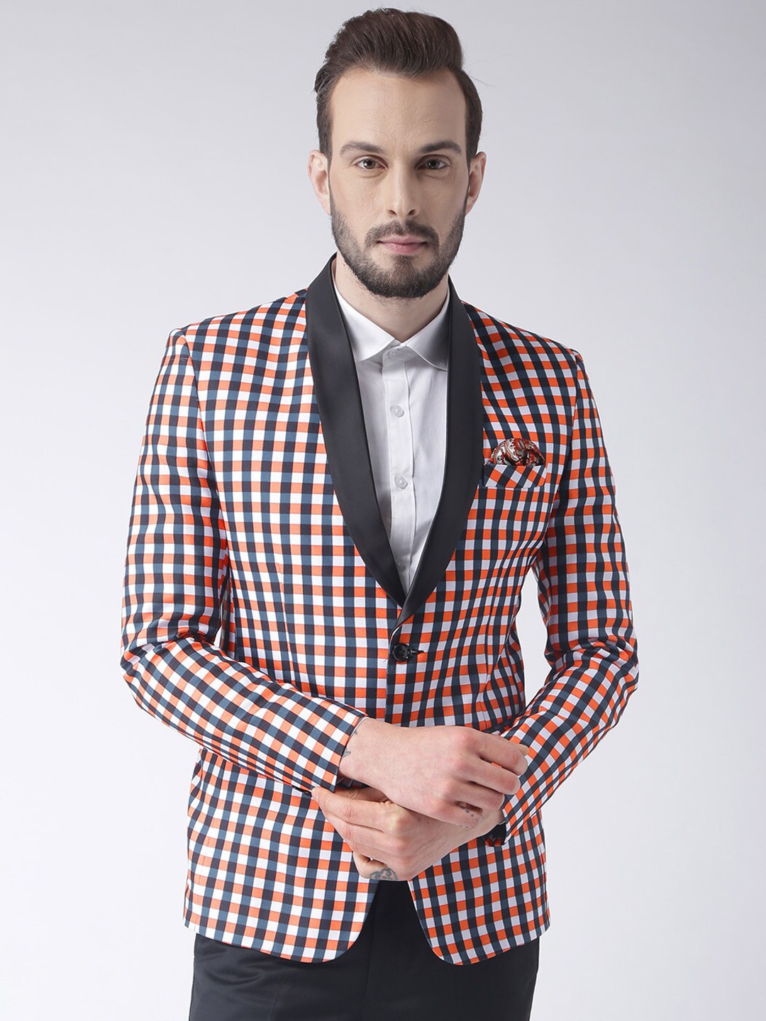 Hangup Men White & Red Checked Single Breasted Blazer