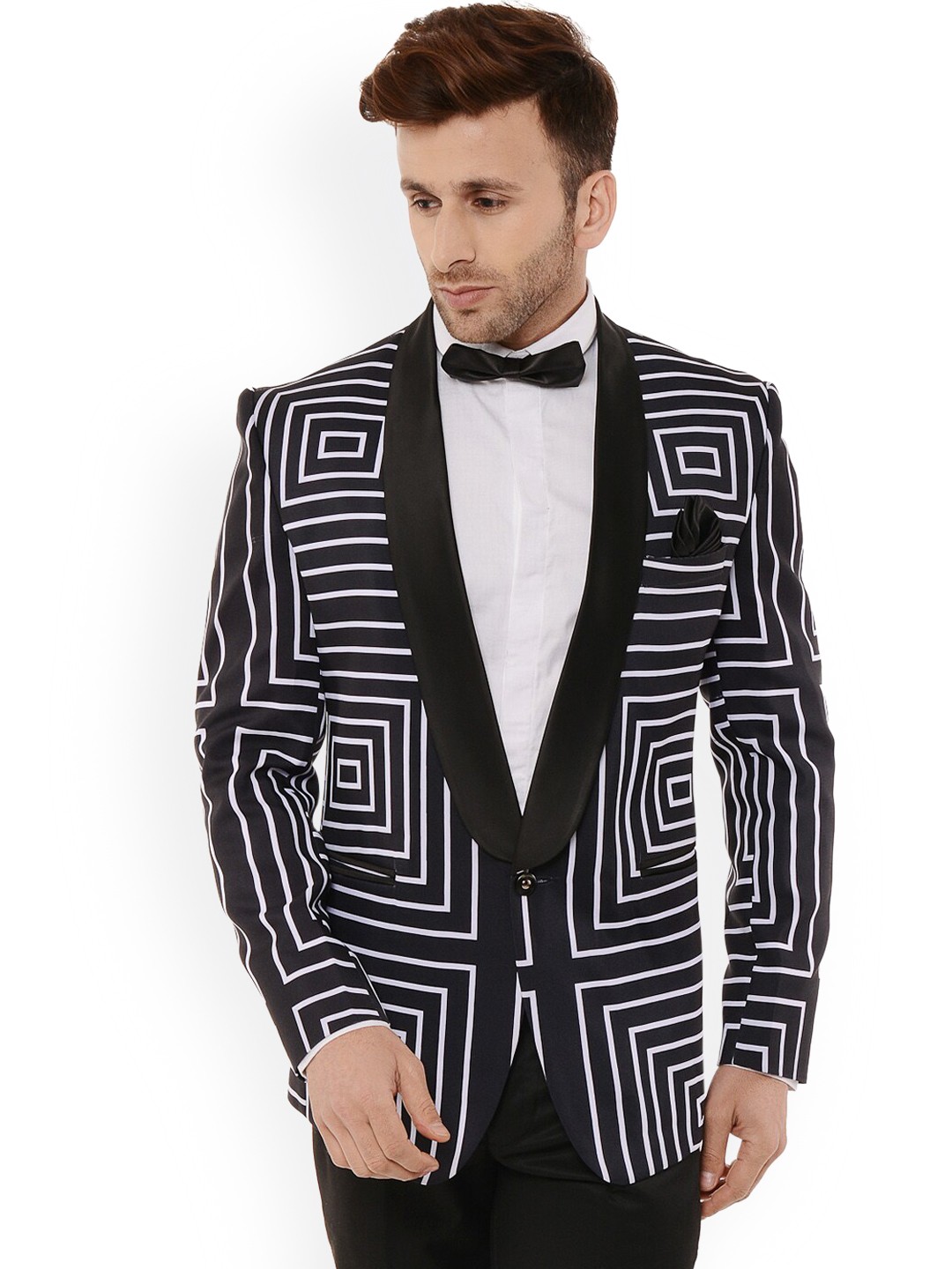 

Hangup Men Black Geometric Printed Single Breasted Blazer