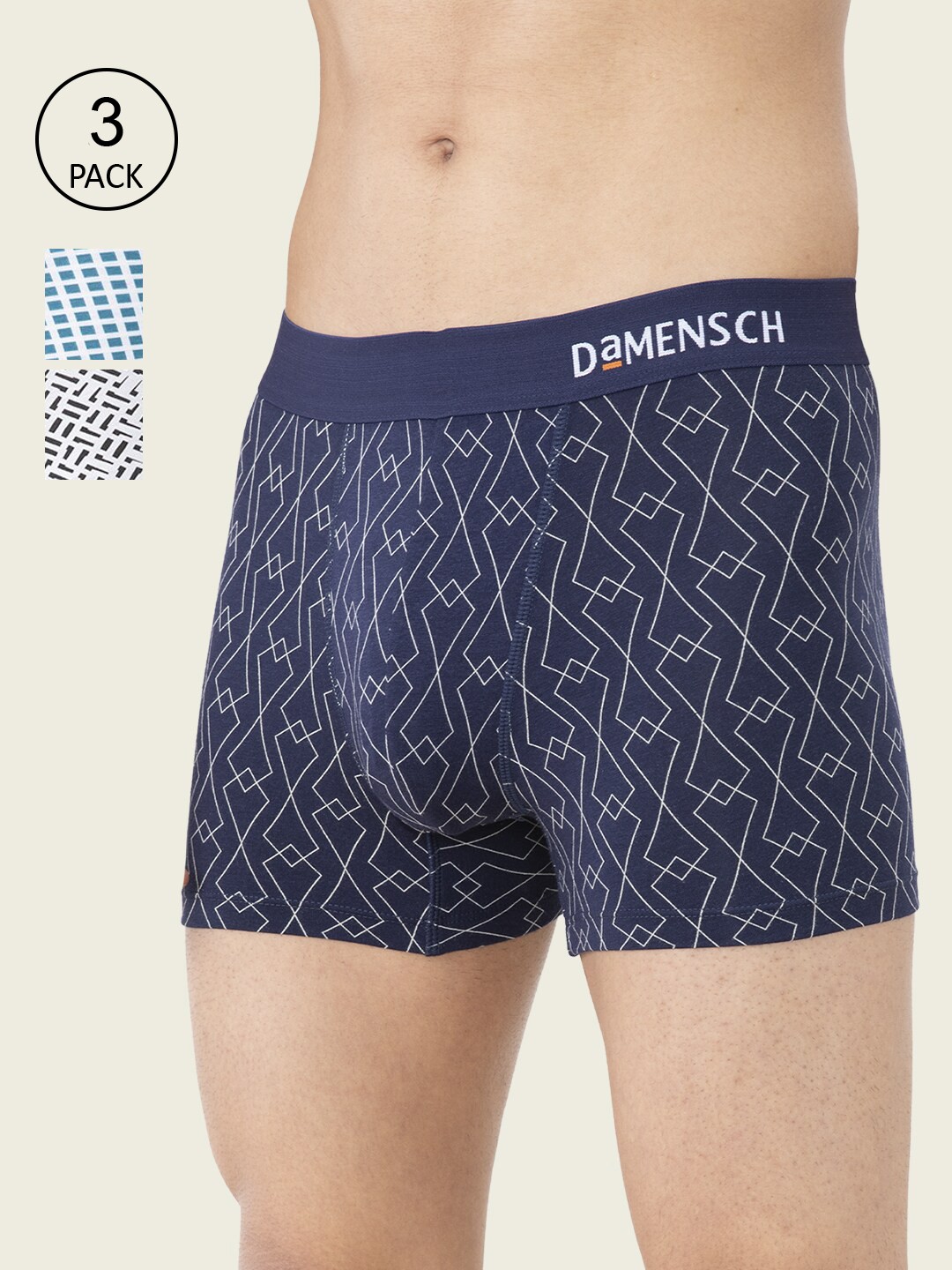 

DAMENSCH Men Pack of 3 Printed Anti Bacterial Deo-Soft Supima Modal Trunk, Blue