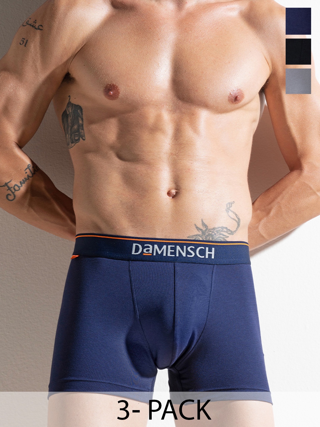

DAMENSCH Men Pack Of 3 Solid Deo-Cotton Anti-Bacterial Moisture-Free Trunks, Black