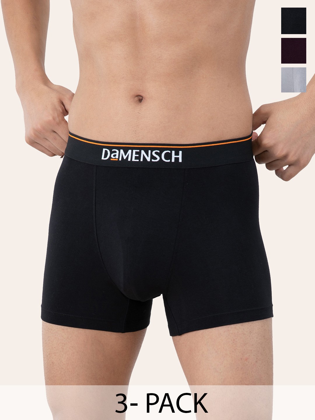 

DAMENSCH Men Pack Of 3 Solid Trunks DAM-CTS-T-VOV-BKN-SRY-PACK-3, Purple