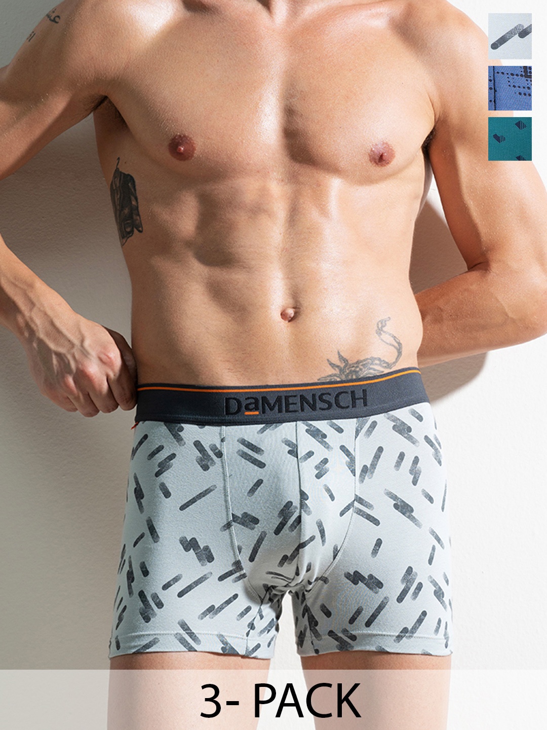 

DAMENSCH Men Pack of 3 Cotton Printed Trunks DAM-CTP-T-CMT-SOG-NVP-PACK-3, White