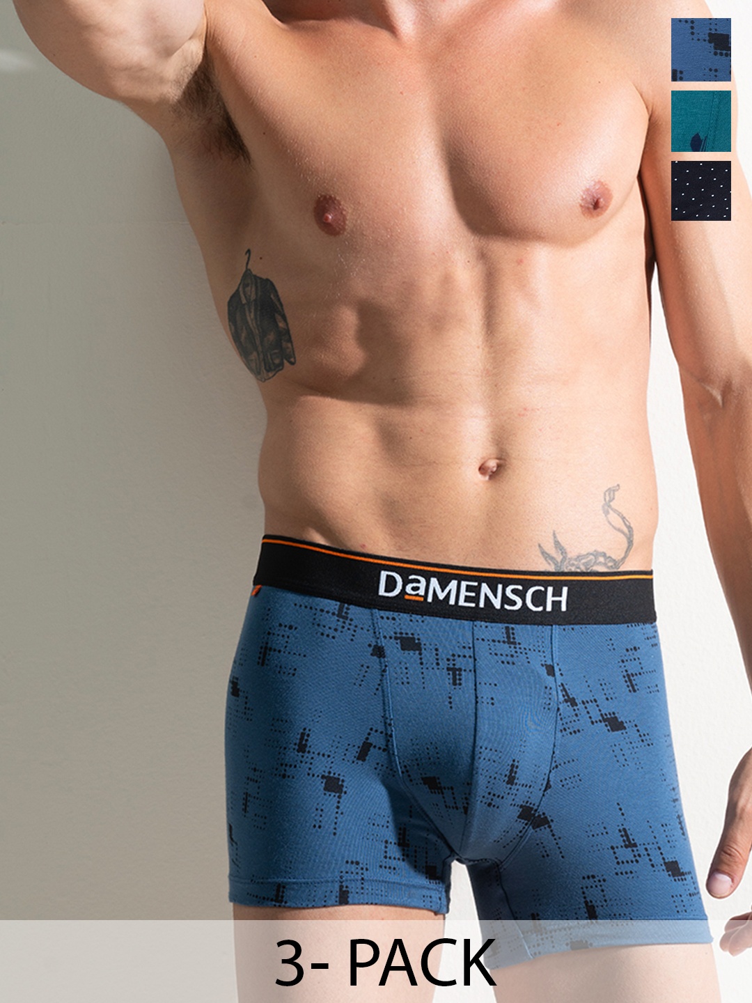 

DAMENSCH Men Pack of 3 Cotton Printed Trunk DAM-CTP-T-CMT-NVP-BSD-PACK-3, Black