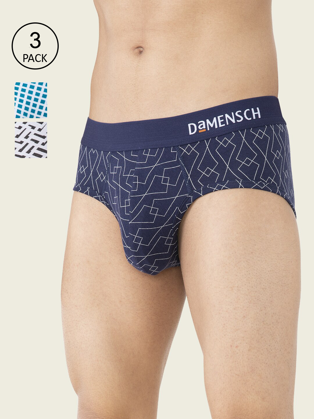 

DAMENSCH Men Pack Of 3 Printed DEO-SOFT Anti Bacterial Briefs DAM-PRIN-B-NYK-ABC-BLH, White