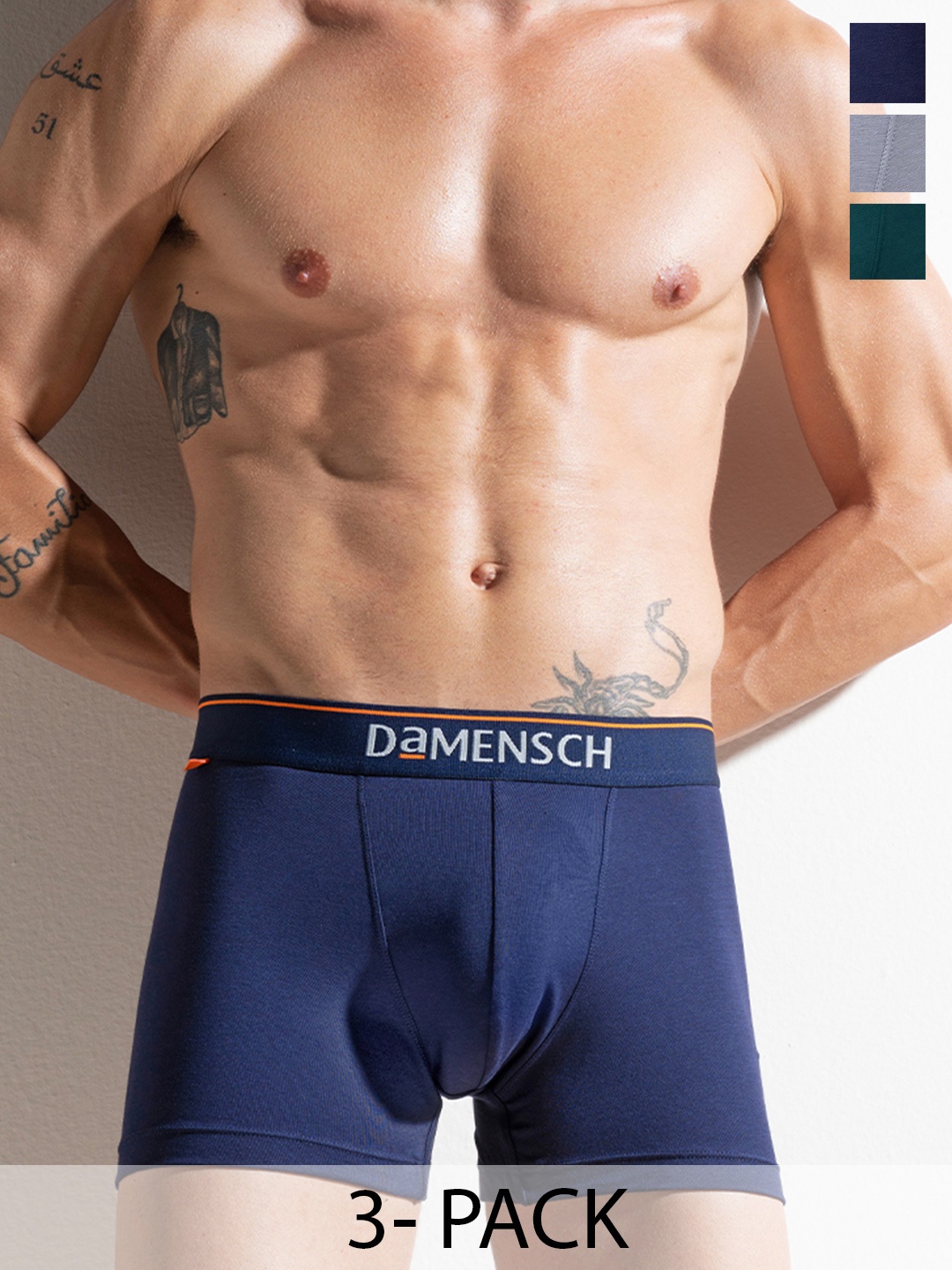 

DAMENSCH Men Pack Of 3 Deo-Cotton Anti-Bacterial Moisture-Free Trunks, Navy blue