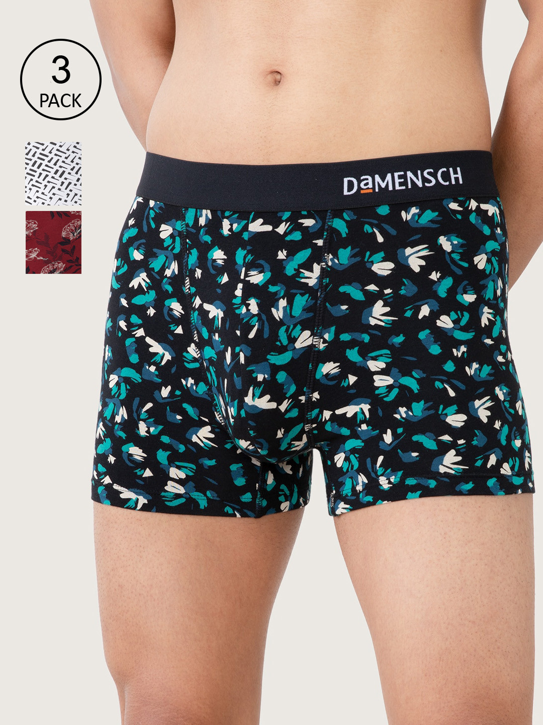 

DAMENSCH Men Pack of 3 Deo-Soft Supima Modal Anti Bacterial Trunk DAM-PRIN-T-BLH-SAW-TPL, White