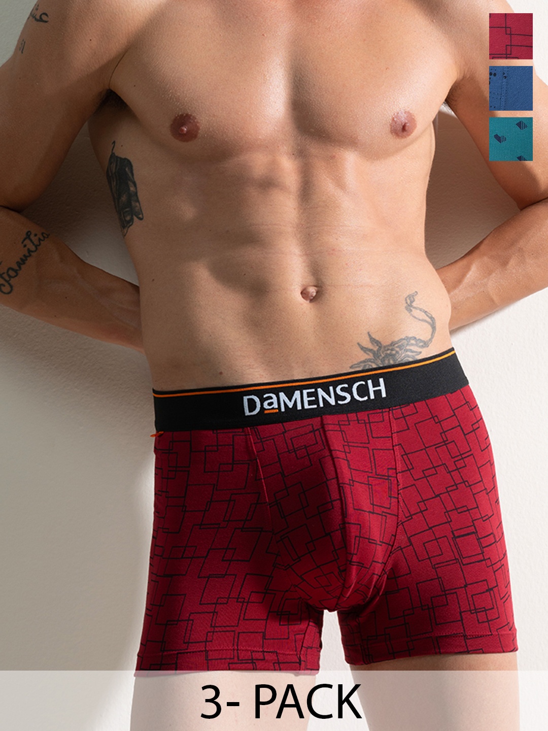 

DAMENSCH Men Pack Of 3 Deo-Cotton Anti-Bacterial Moisture-Free Trunks, Red