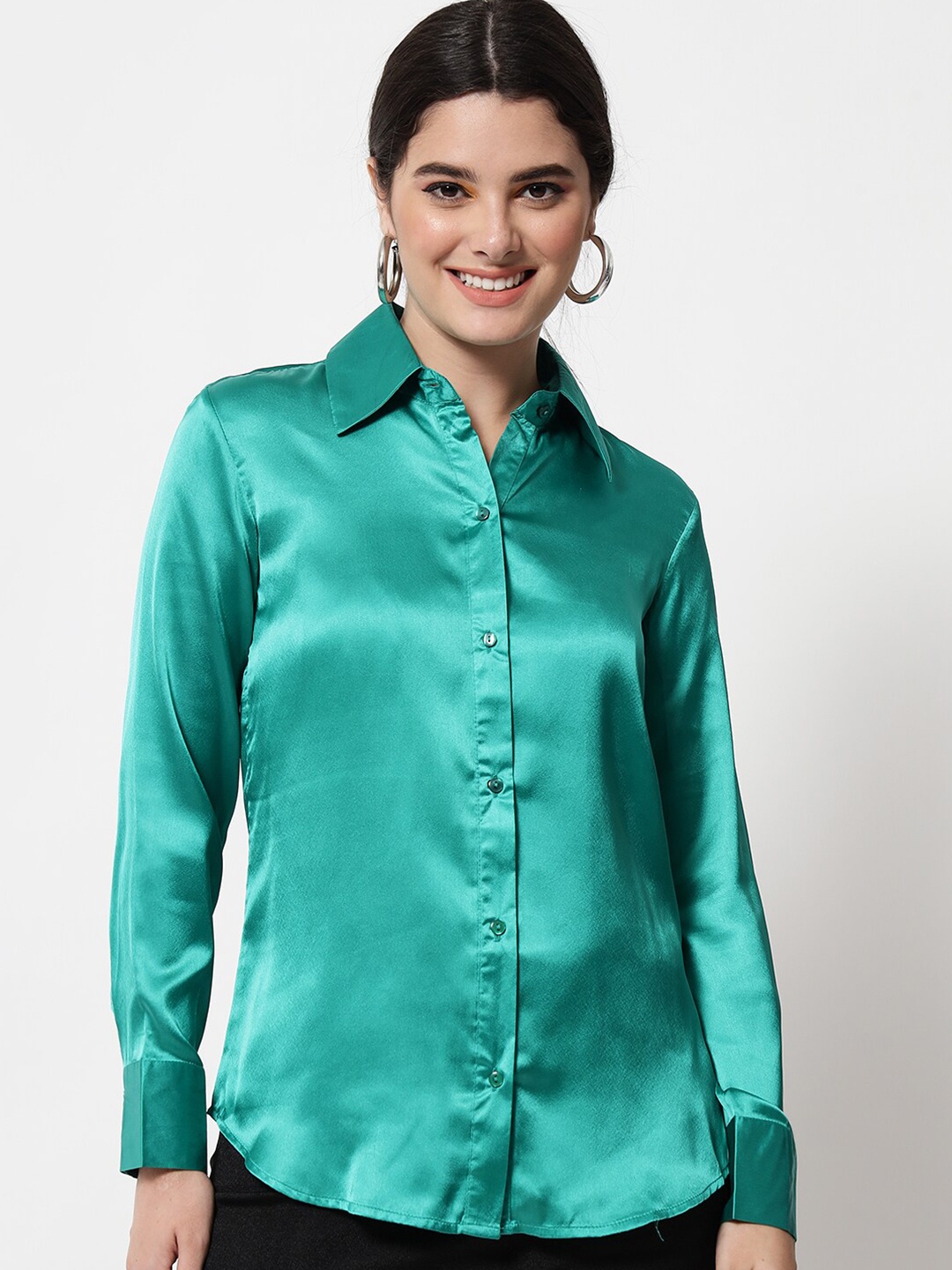 

Orchid Blues Women Green Solid Satin Comfort Formal Shirt