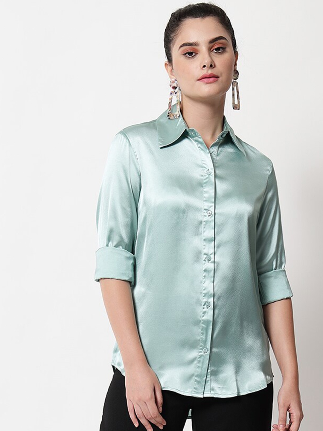 

Orchid Blues Women Green Comfort Faded Satin Formal Shirt