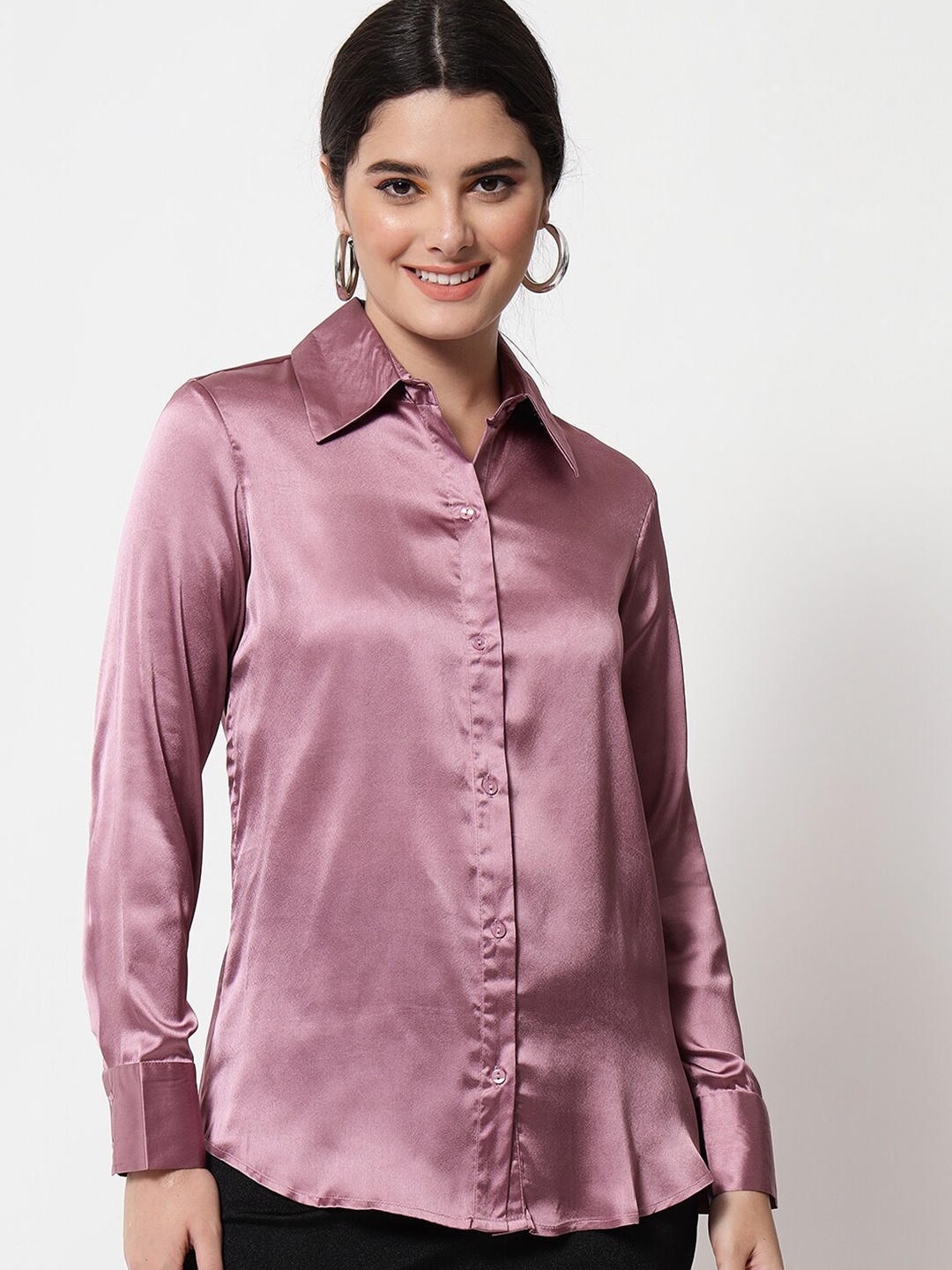 

Orchid Blues Women Lavender Solid Satin Formal Shirt