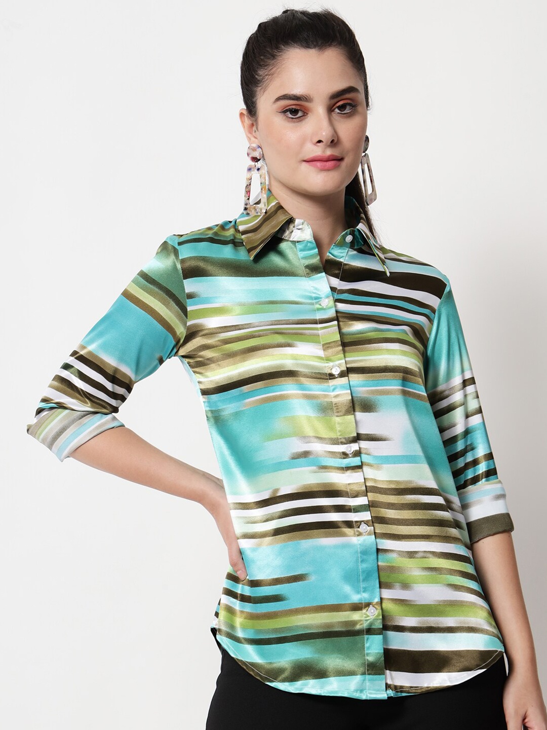 

Orchid Blues Women Green Comfort Horizontal Stripes Striped Casual Shirt