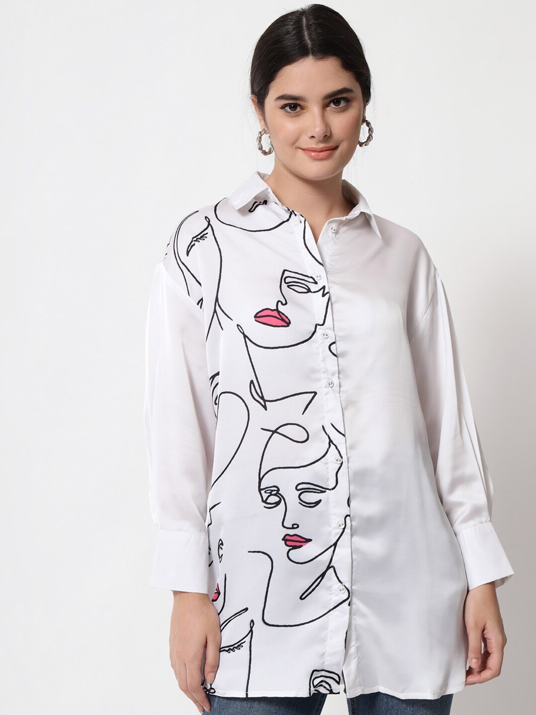 

Orchid Hues Women White Comfort Printed Casual Shirt