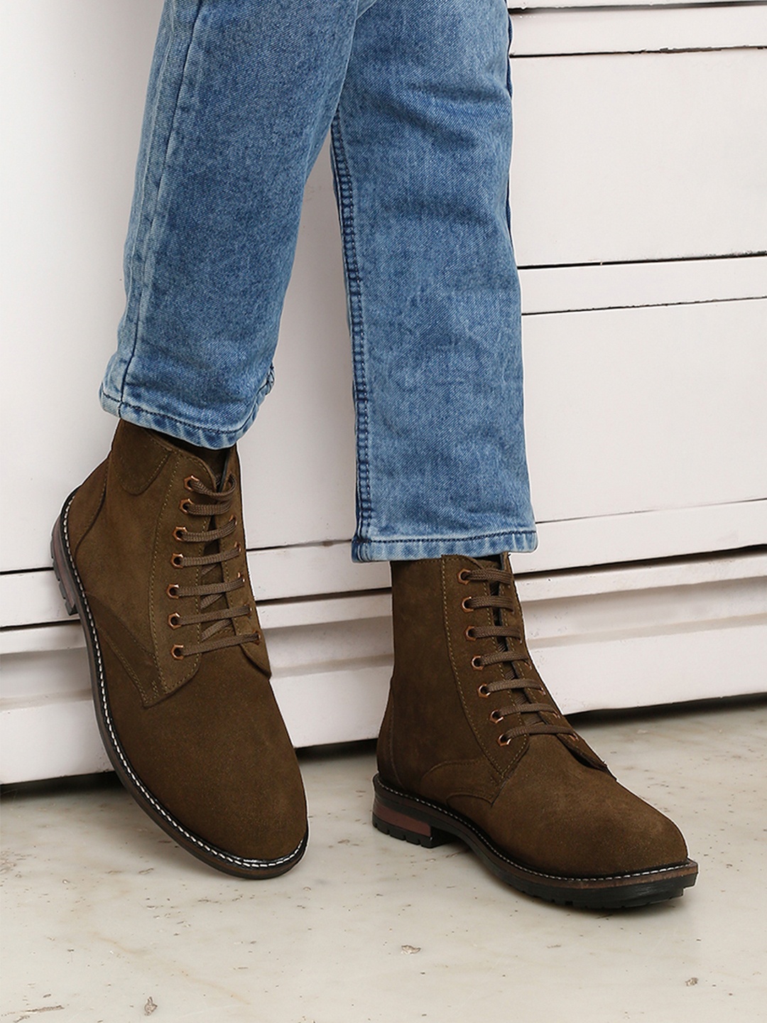 

LOUIS STITCH Men Olive Green Italian Suede Leather High Ankle Boots