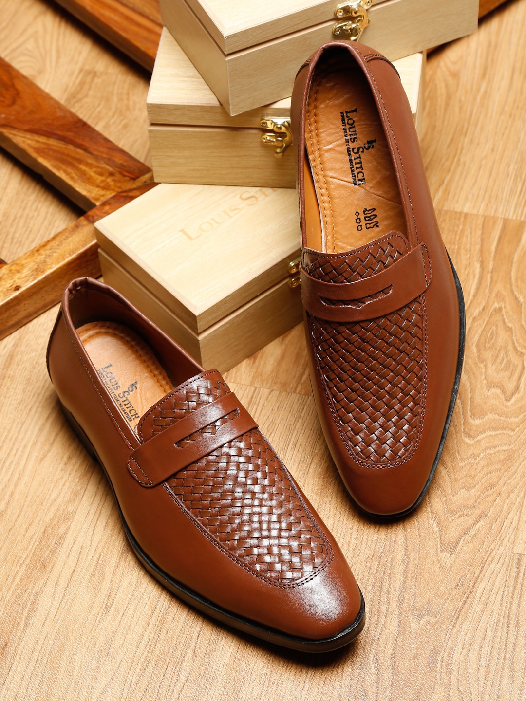 

LOUIS STITCH Men Tan Italian Leather Weaved Style Moccassin Shoes