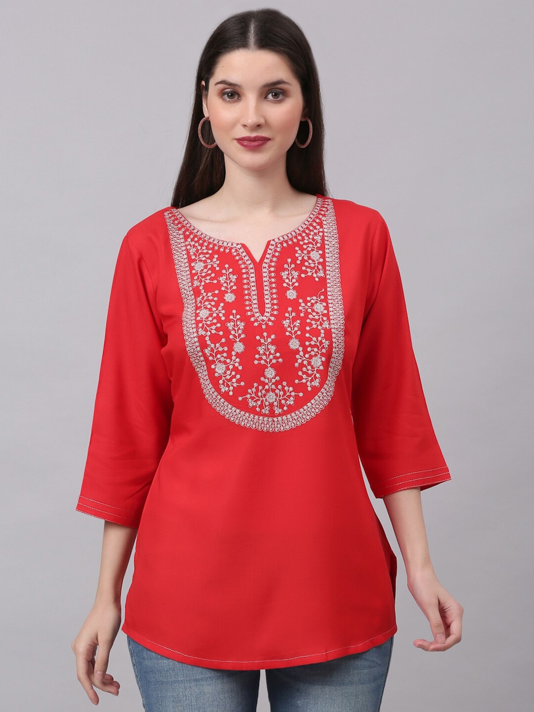 

NEUDIS Women Red & White Floral Embroidered Thread Work Kurti