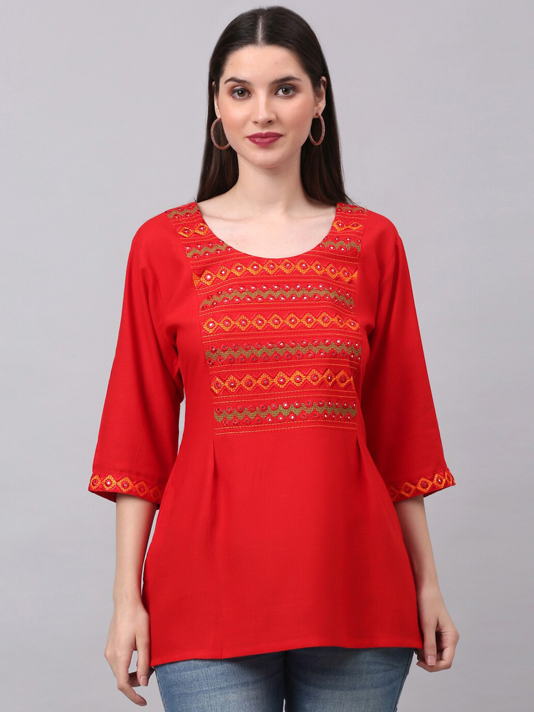 

NEUDIS Women Red & Yellow Geometric Embroidered Handloom Kurti