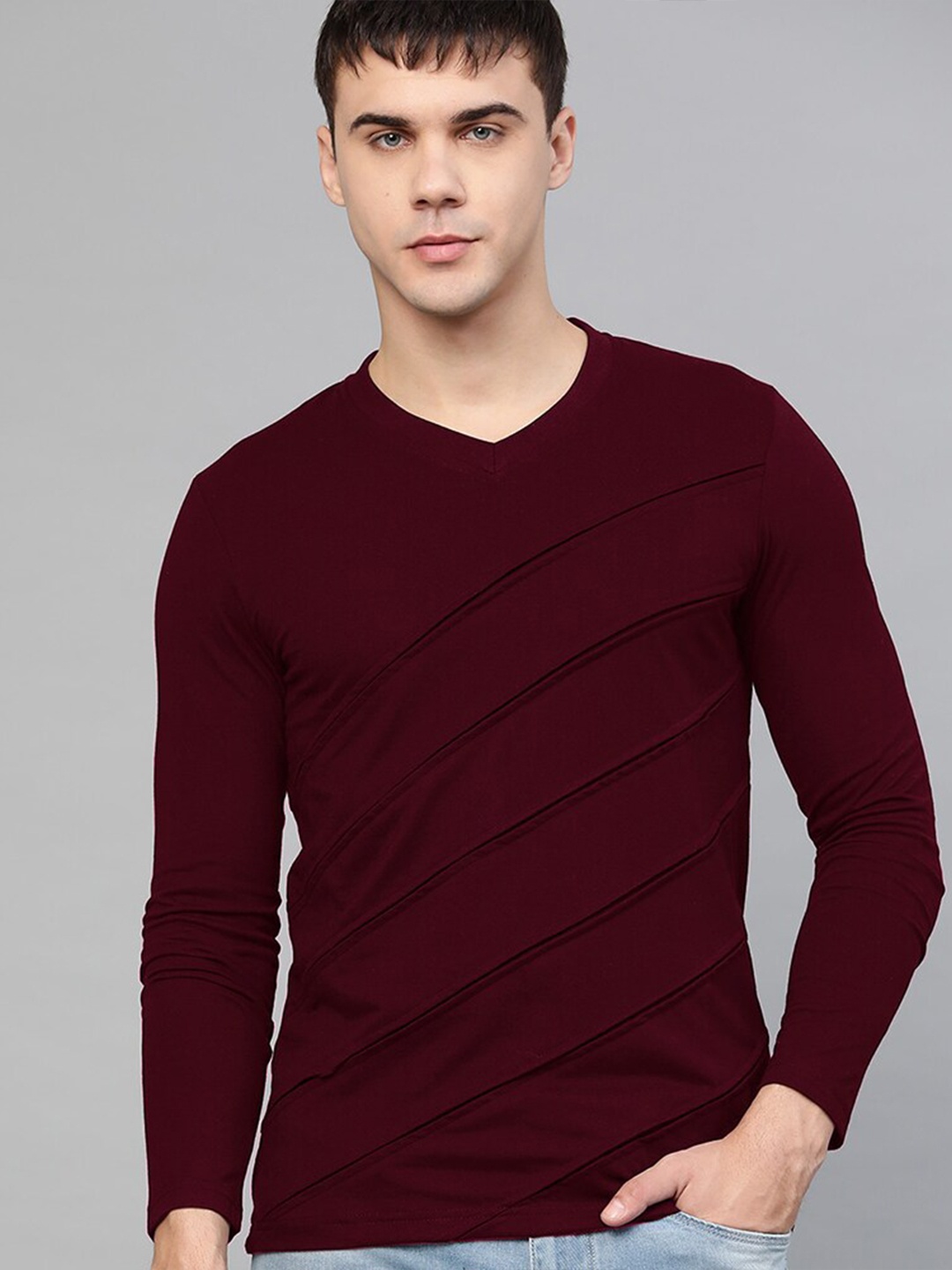 

Seven Rocks Men Maroon V-Neck Cotton T-shirt