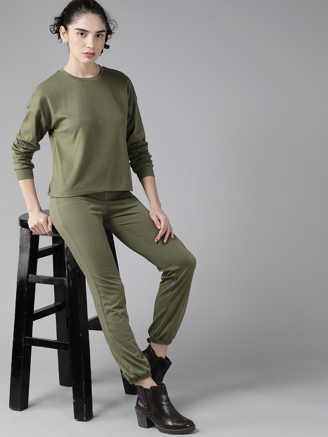 

Roadster Women Olive Green Solid Top with Joggers