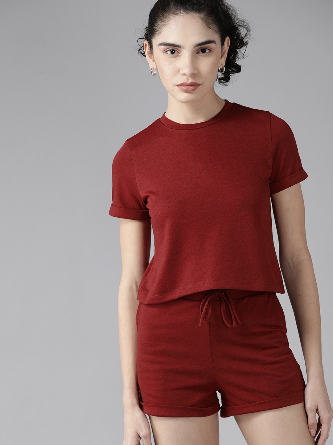 

Roadster Women Maroon Solid Top with Shorts